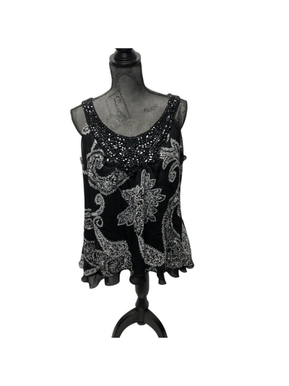 Studio Y Blouse Womens Size Large Black White Beaded Neckline Layered Sleeveless